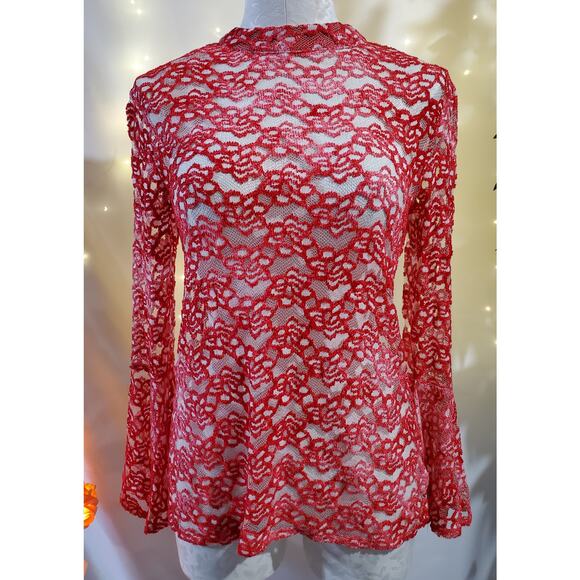 Umgee Tops - Umgee Retro Vintage Sheer Floral Lace Bell Sleeve Top Womens Size S Keyhole Neck